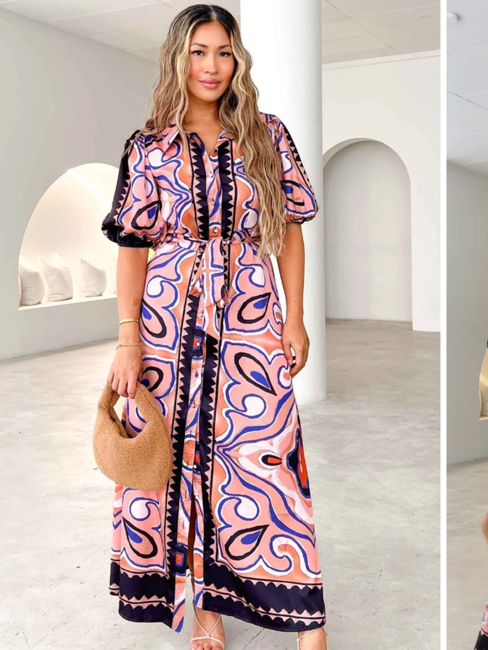 Pink Diamond Collared Button Up Short Balloon Sleeve Maxi Dress in Peach Black